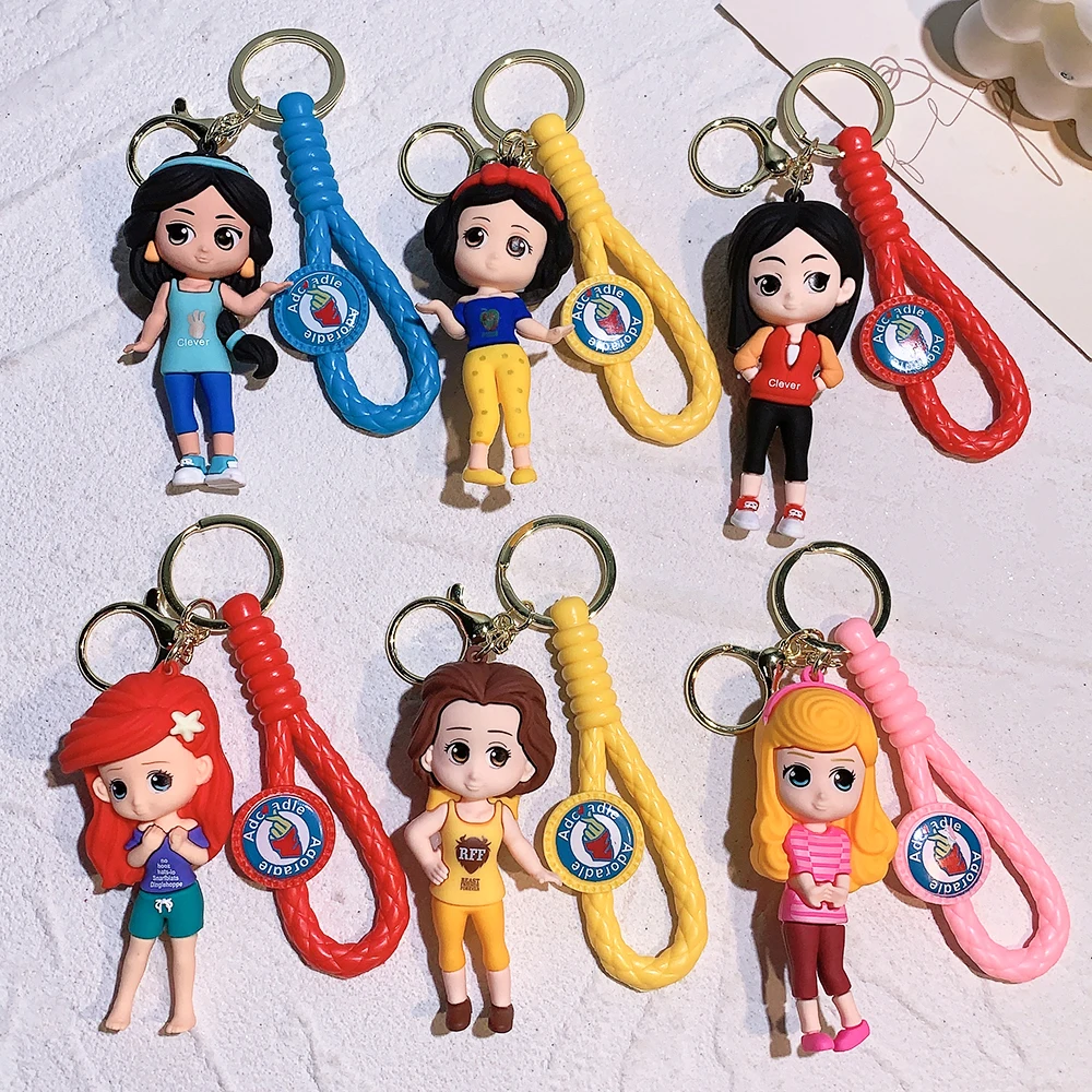 Disney Princess Keychain Anime Cartoon Cute Figure Snow White Rapunzel Keyring Girls Bag Car Key Accessory Pendant Birthday Gift