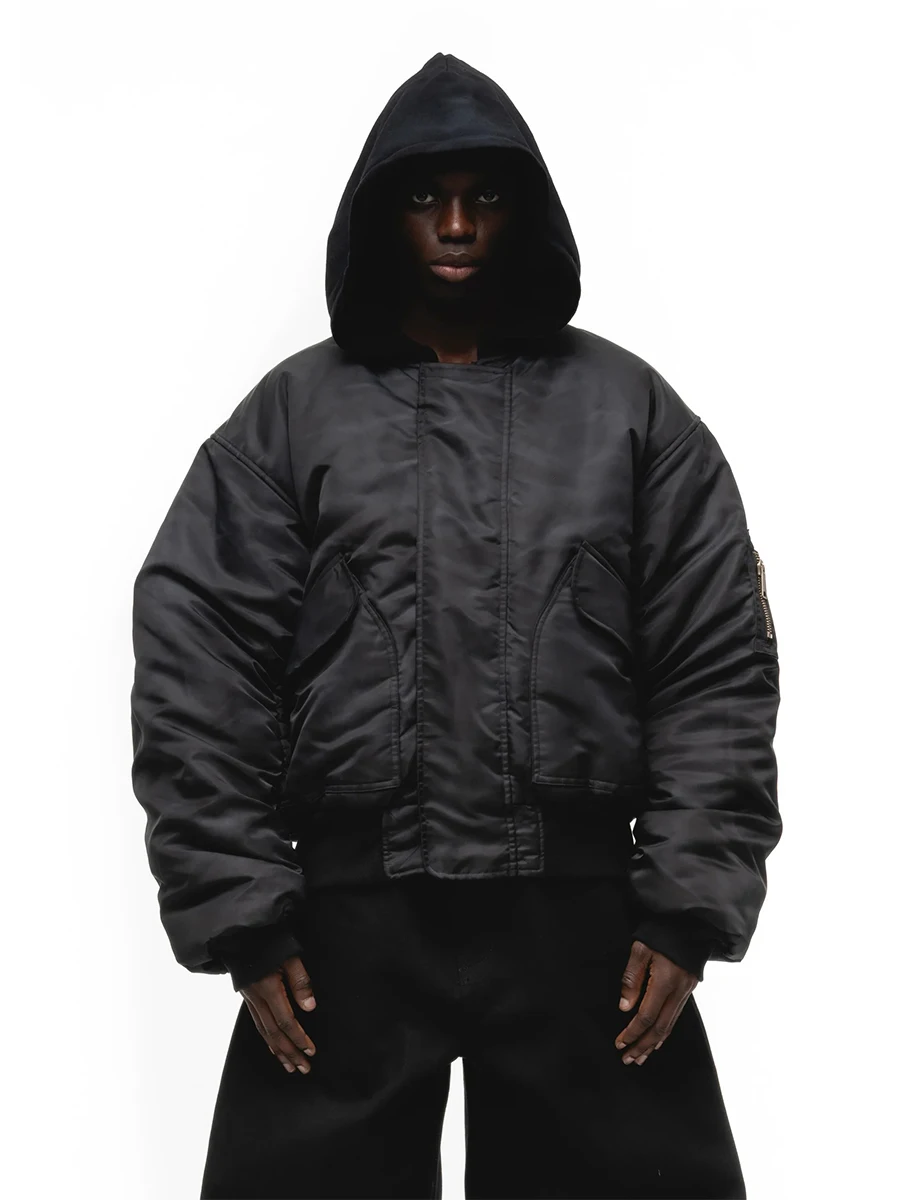 No Faith Studios Double-Sided Wear Heavy-Wash Hooded Bomber Jacket