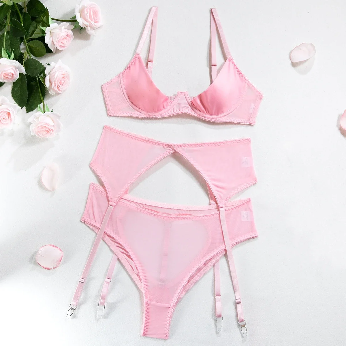 

Sexy Lingerie Set with Garter Belt Temptation Women 3-Piece Mesh Erotic Bra + Back Open Panty Underwear Set Sensual Intimates