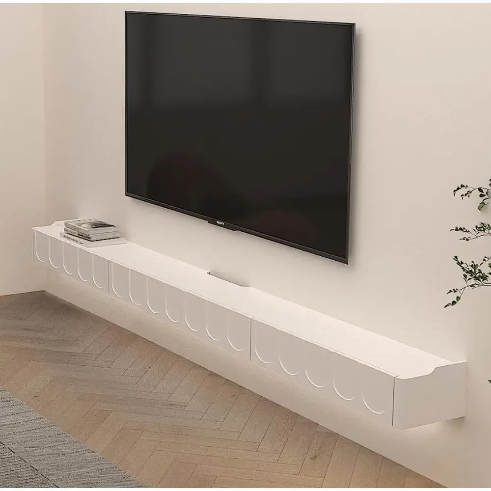 Modern High Gloss Floating TV Cabinet Wall Mounted with Door & Drawers Solid Wood Material Large Storage Space Wire Management