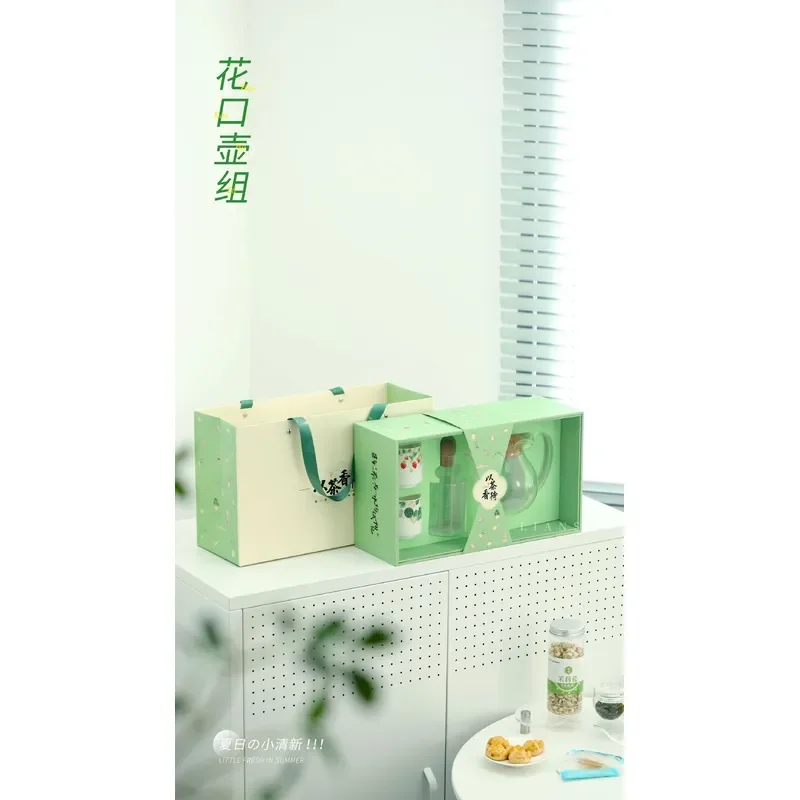 High Borosilicate Glass Tea Set One Pot Two Cups Flower Mouth Design Cold Brew Green Tea Gift Box Boutique Kitchenware