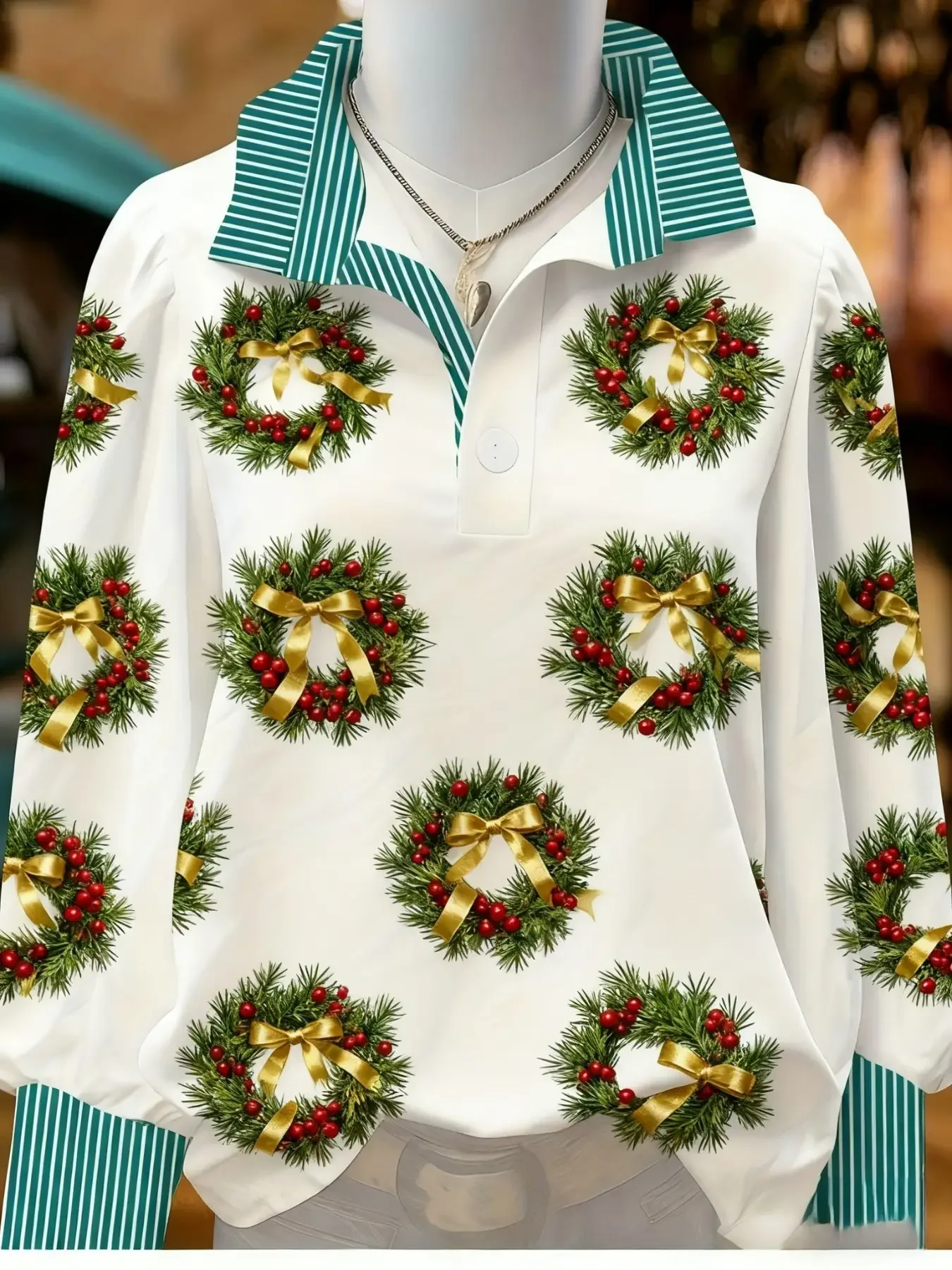 

2026Ladies' Spring and Autumn Winter New Stand up Collar Shirt Christmas Long Sleeve, Creative Printed Holiday Travel Essential。
