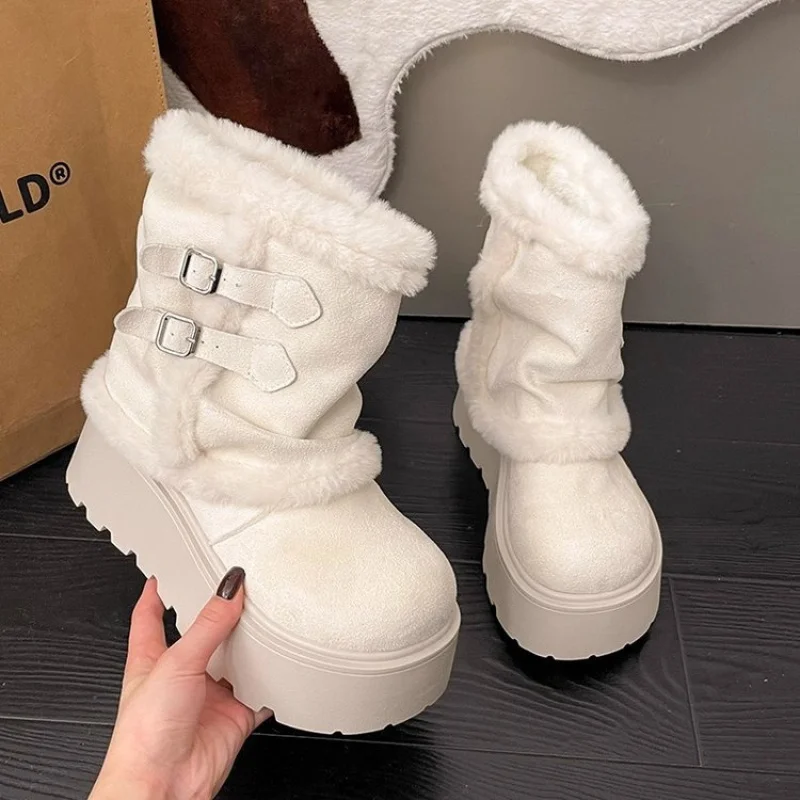 

Winter Chunky Women Fur Lining Snow Boots Concise Thick Sole Height Increase Shoes Warm Cotton Short Booties