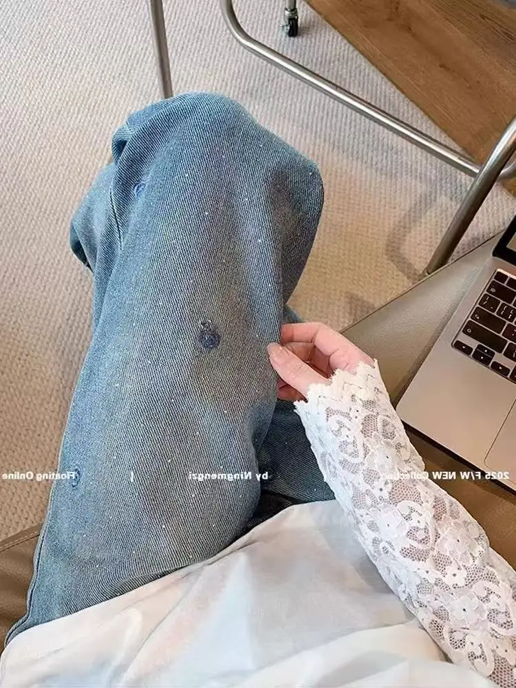 Jeans da donna Pantaloni a gamba larga Jean a vita alta Denim lavato Tasche vintage Pantaloni alla caviglia Cerniera con mosca Diamanti ricamati