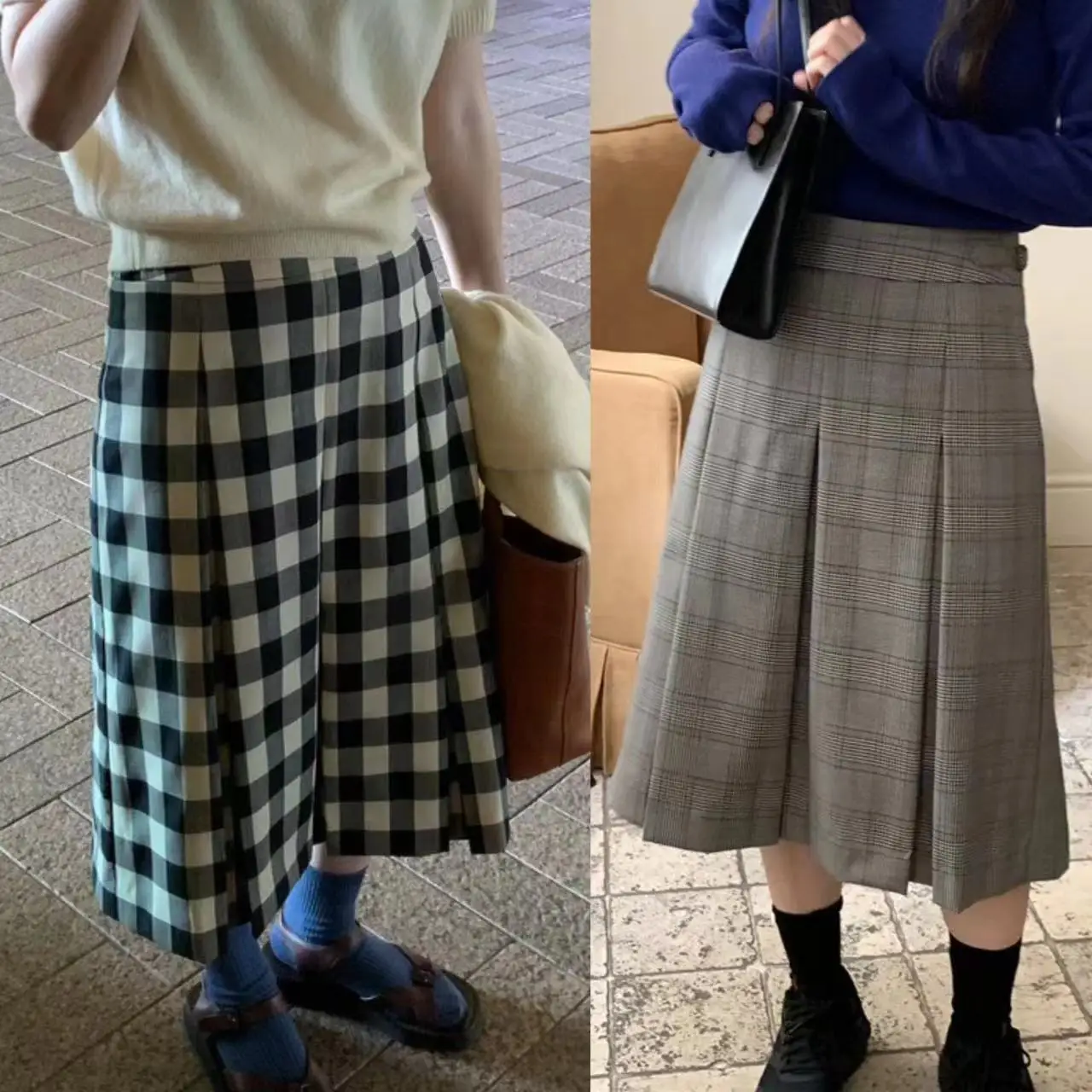 

LEROBE Meina осенне-зимняя шерстяная юбка с регулируемой талией, высокая талия, миди, клетчатая юбка трапециевидной формы для женщин, корейский Sle
