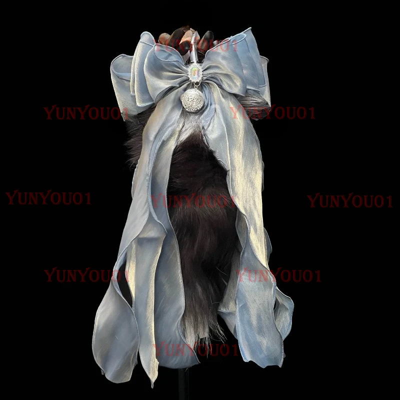 40CM Gray-blue Fox Real Fur Tail Bow Bell Removable