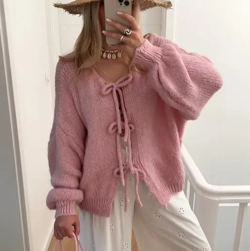 

2025 Round Neck Lace Up Knitted Cardigan Jacket Autumn and Winter New Loose Women's Butterfly Knot Sweater
