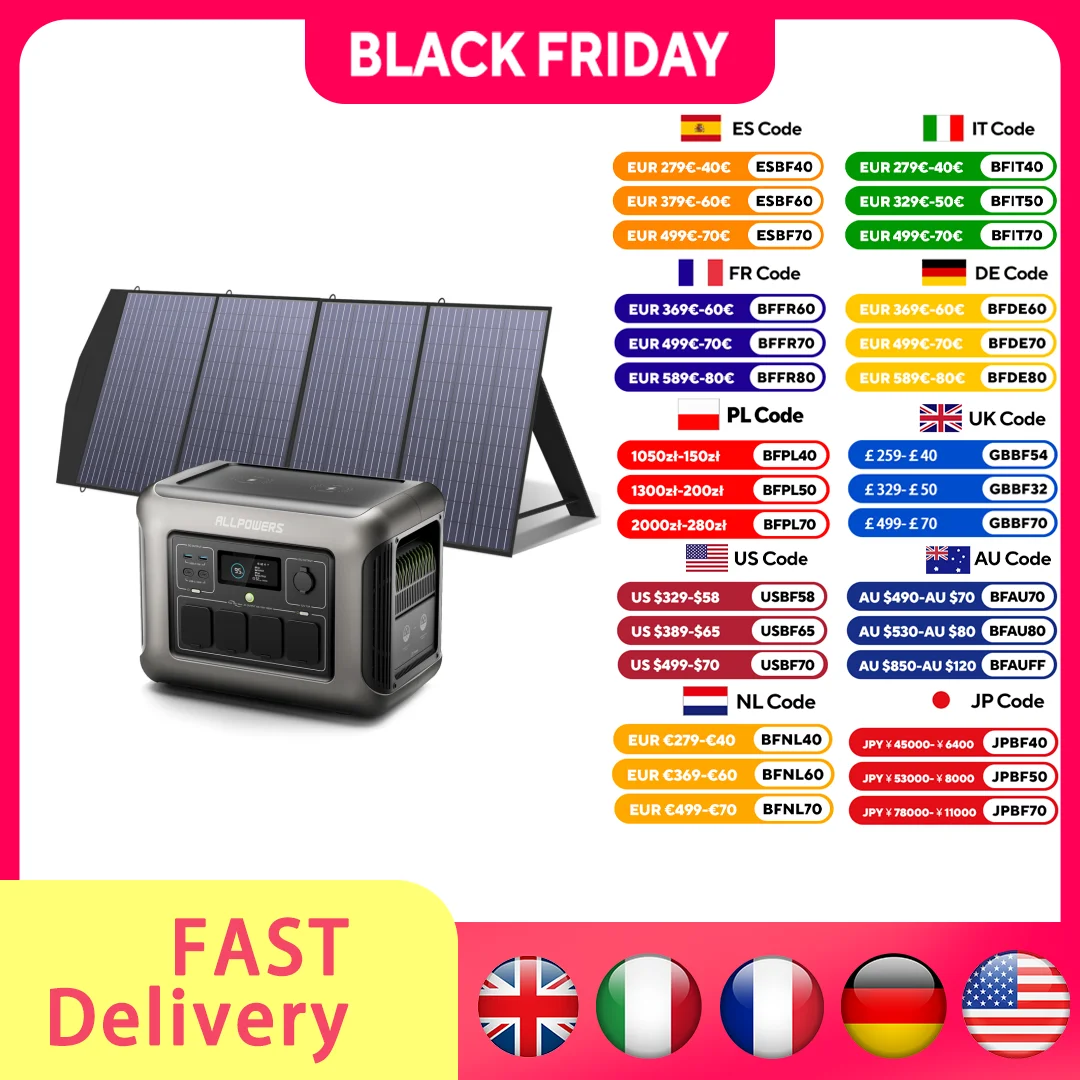 ALLPOWERS R1500 휴대용 발전소, 100W/200W 태양 전지 패널, 1152Wh LiFePO4 AC 출력 태양광 발전기, 정원 파티용