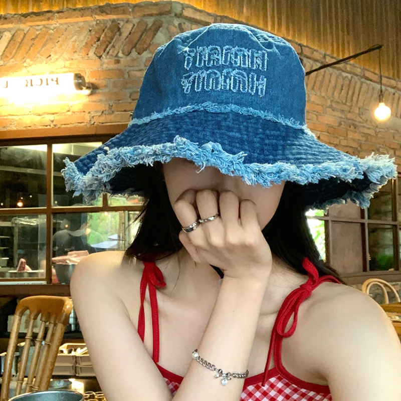 Vintage Denim Burr Letter Hiking Caps for Men and Women Summer Outdoor Camping Vacation Sun Protection Drawstring Bucket Hat