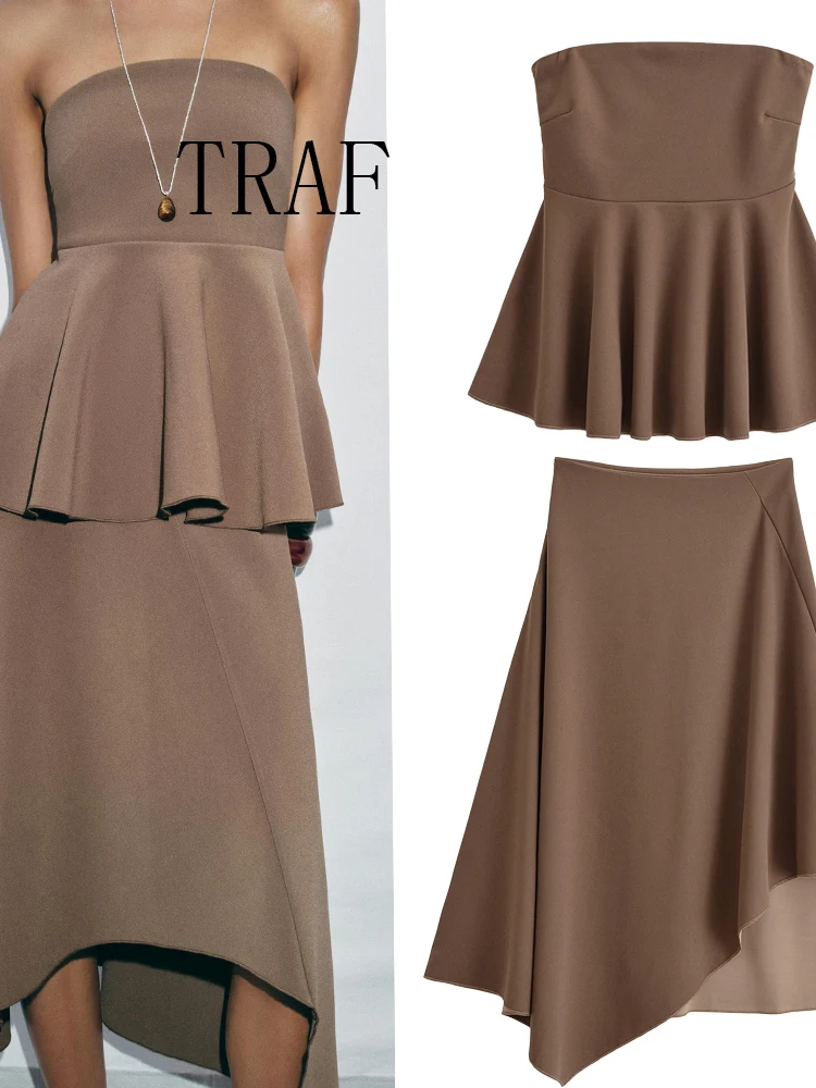 

TRAF European and American style summer new women's short skirt crepe tube top fashionable casual comfortable top skirt suit