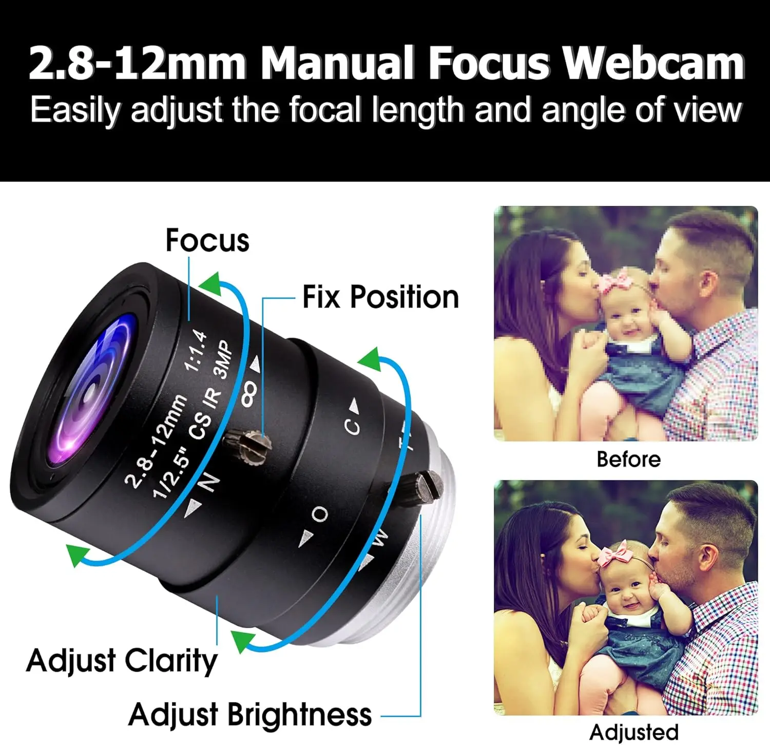 ELP 100fps USB-Webcam 2MP 1080P, 2,8-12 mm Varifokalobjektiv, Plug-and-Play, OpenCV-kompatibel für Videokonferenzen, Linux, Windows