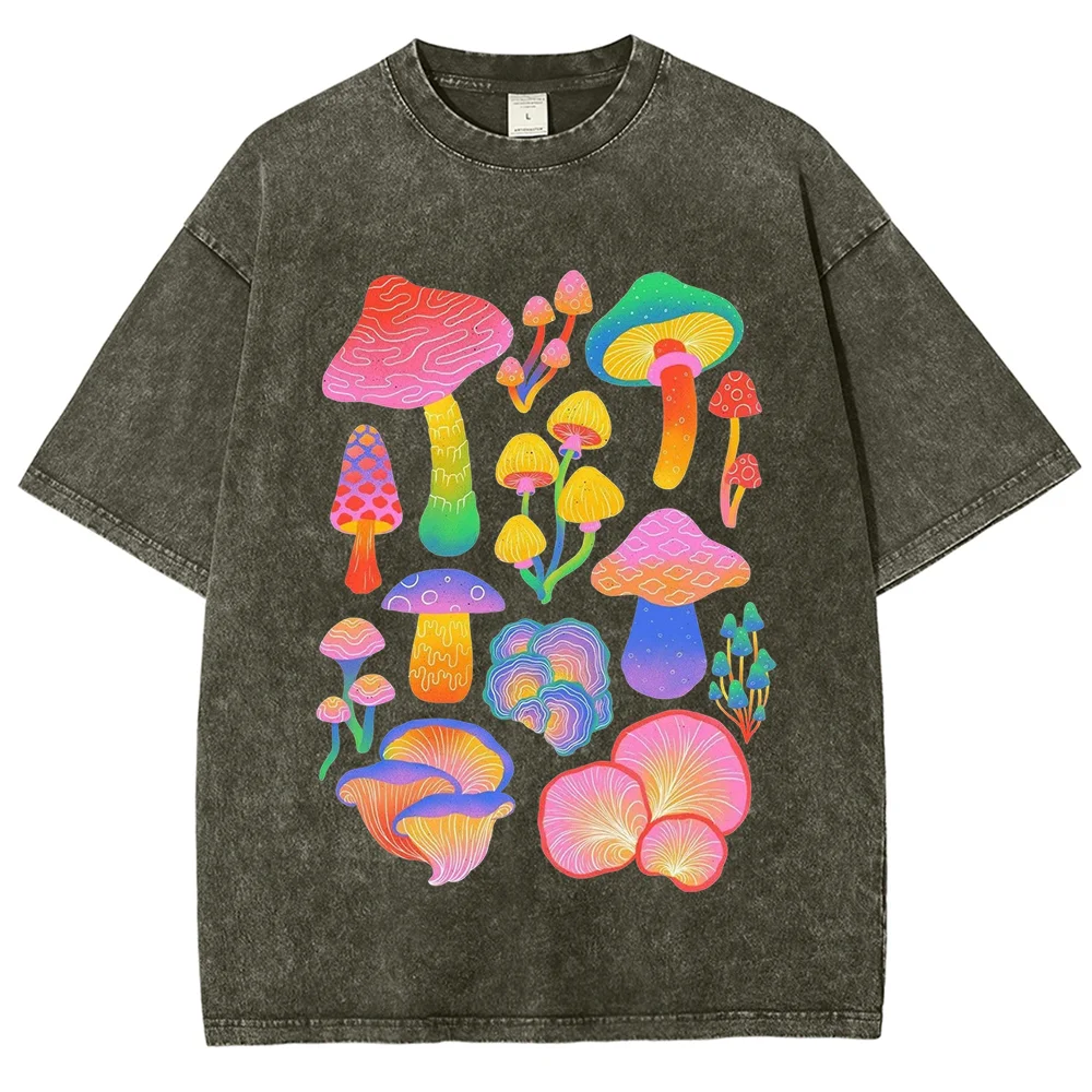 Colorful Mushroom Graphic T-Shirt Vintage Acid Wash Oversized Tee Retro Cottagecore Hippie Style Women Casual Short Sleeve Tops