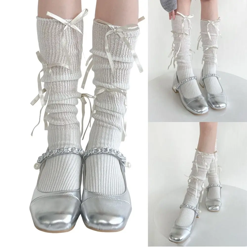 

Solid Color Lolita Stockings Elastic Cotton Bow Calf Socks High Tube Multi Bowknot Decoration Heap Socks Lolita Fashion