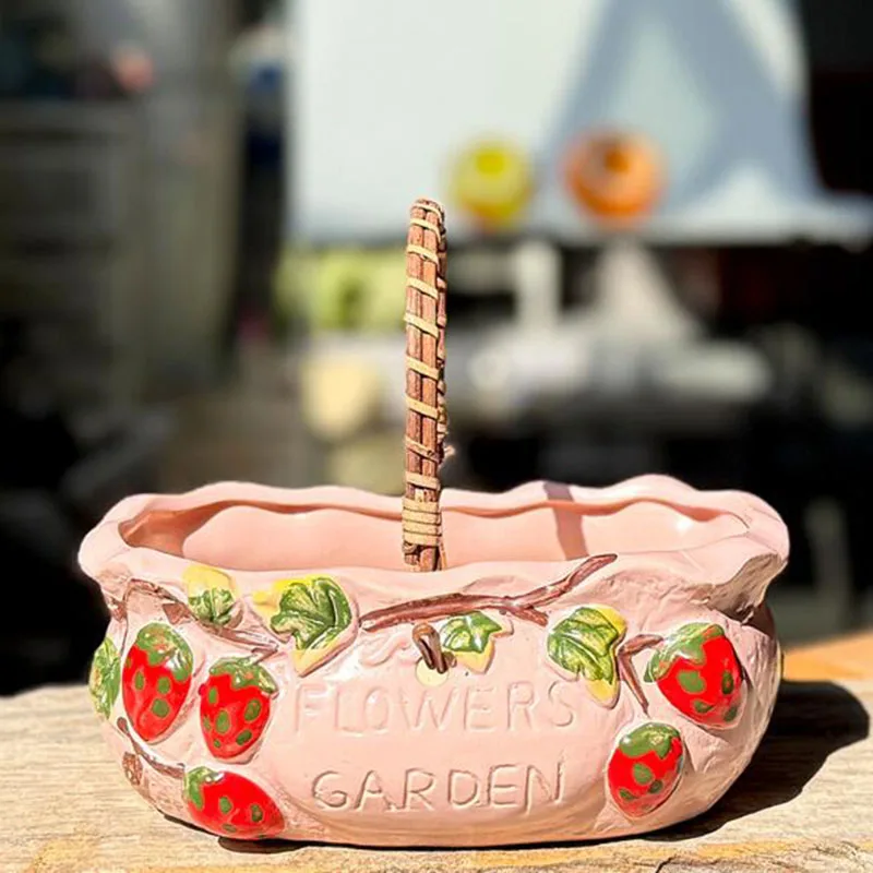 Large Caliber Coarse Pottery Strawberry Portable Basket Flower Pot Fleshy Plant Pot Breathable Vase with A Hole Garden Decor