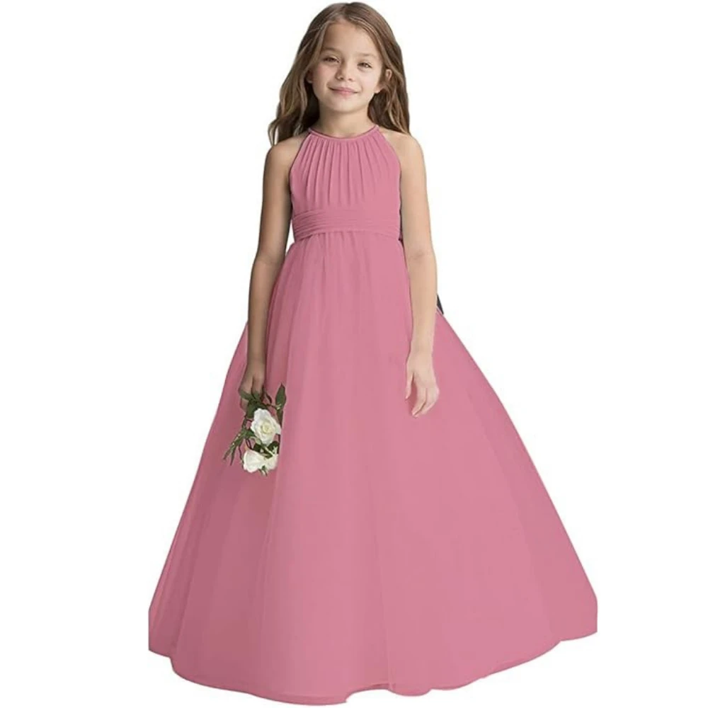 New Multi Colors Girls A-line Tulle Long Wedding Clothes Simple Elegant Sleeveless Princess Gown For Piano Contest Performance