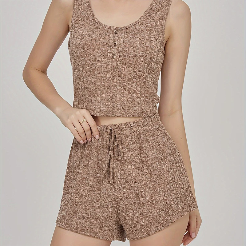 

Summer Two-Piece Sleeveless Ribbed Knit Vest with Front Button Paired with Shorts Women's Khaki Color Home Pajama Set