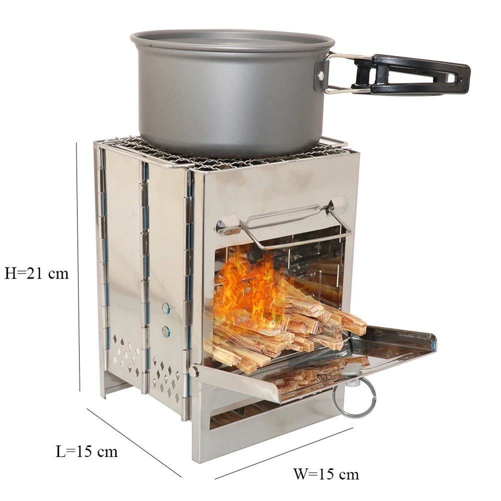 

Portable Stainless Steel BBQ Grill Square Wood Burning Stove Camping Cookware Collapsible Gill Durable High Temp Resistance Easy