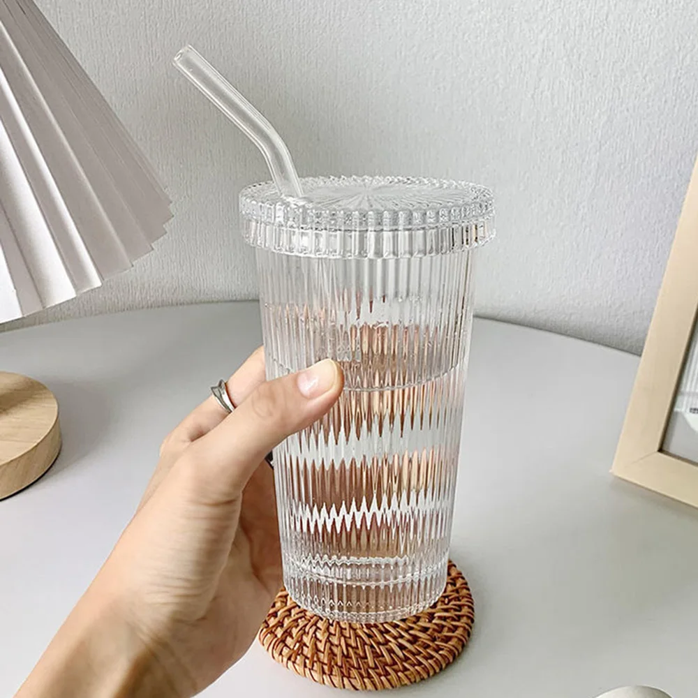 375Ml Simple Stripe Glass Cup With Lid and Straw Transparent Bubble Tea Cup Juice Glass Beer Can Milk Mocha Cups Breakfast Mug image 5
