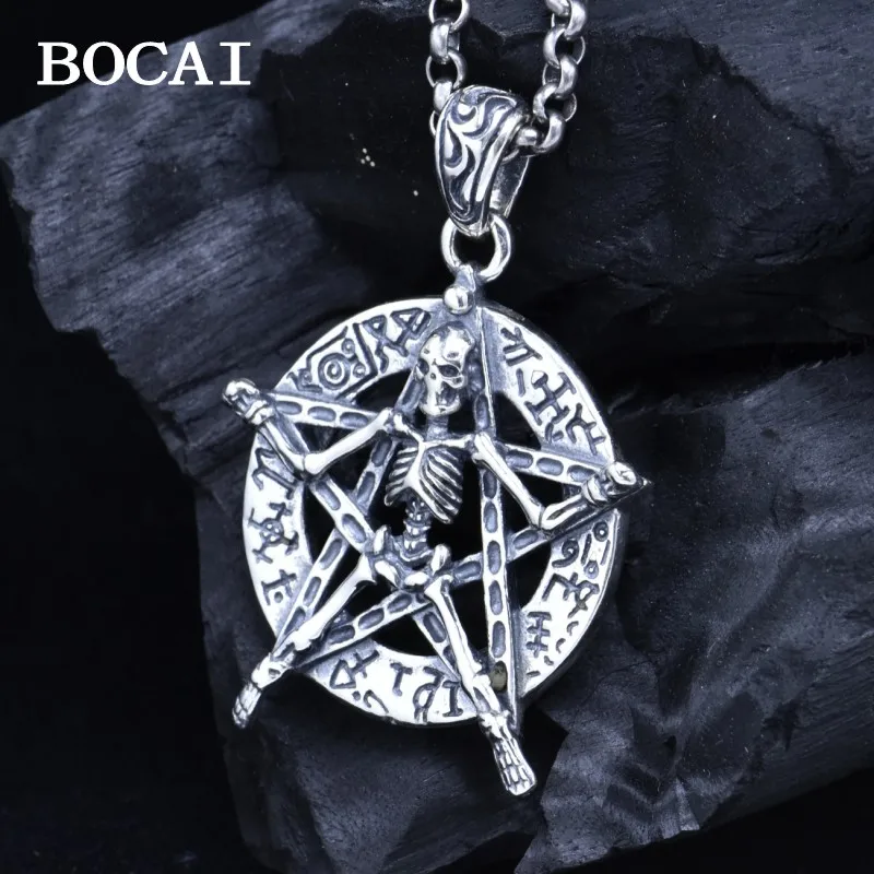 BOCAI New S925 Sterling Silver Retro Personalized Hip Hop Punk Skull Hexagram Pendant Male Female Gift