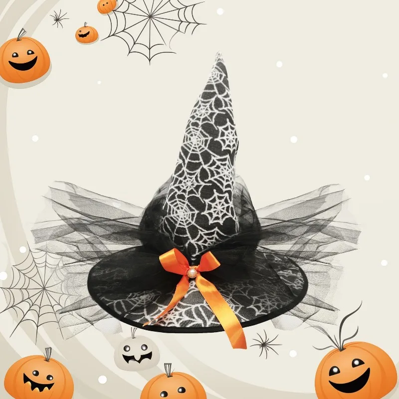 Unisex Halloween Witch Hat – Spider Web Mesh Pumpkin Wizard Cap, Party Prop for Kids & Adults, Funny Costume Decor