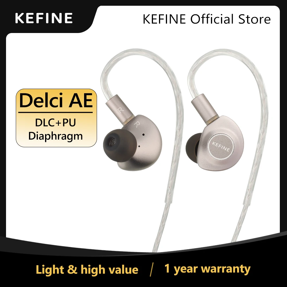 Kefine Delci AE Hi-Fi IEMs, 10mm DLC+PU Dynamic Drive with Interchangeable Tuning Nozzles, Detachable Silver-Plated Cable