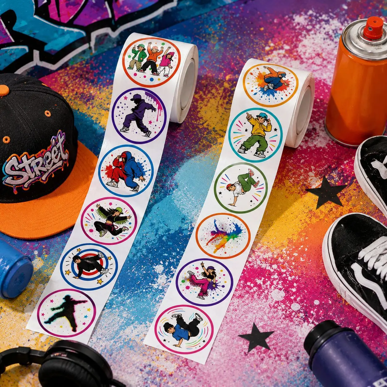 500Pcs Cartoon Street Dance Graffiti Stickers, 12 Styles Round 1 Inch Trendy Stickers for Gift Wrapping DIY Decoration