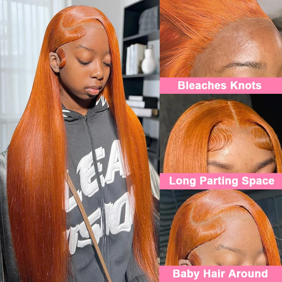 Brazilian Colored 13x6 Lace Front Wigs Human Hair Orange Ginger Bone Straight 13x4 HD Transparent Lace Frontal Wig For Women