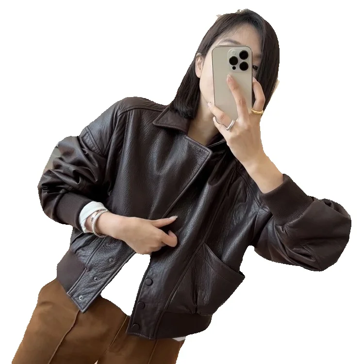 

New Sheepskin Bubble Short Coat For Women's Fashion Silhouette Motorcycle Leather