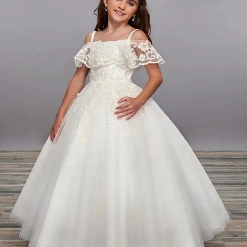 Lace Flower Girl Dress Straight Neckline A-LINE Ankle-Length Children Girl Wedding Birthday Party First Communion Holiday Gown