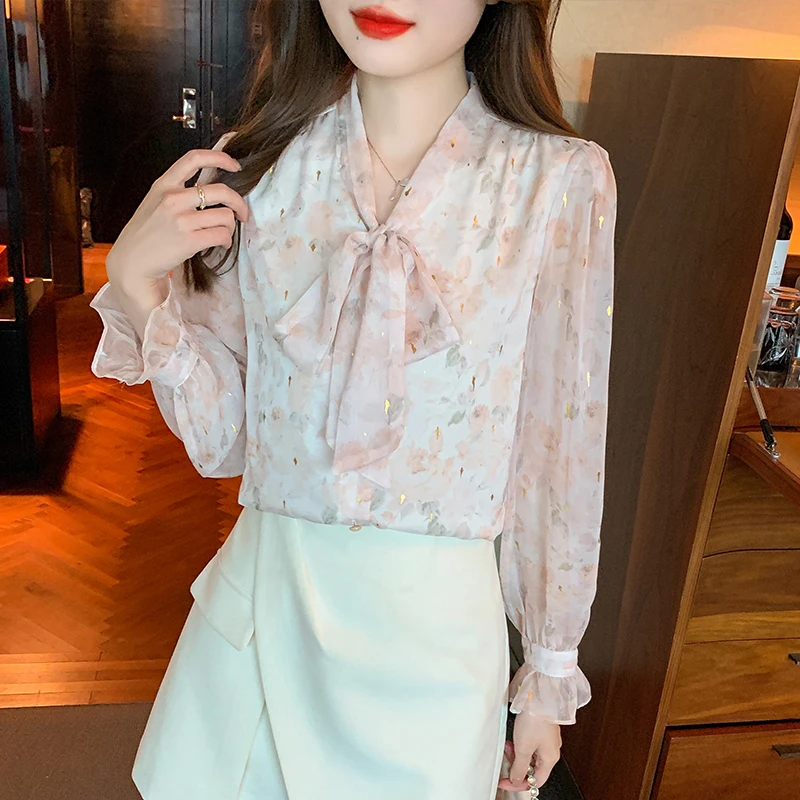 New Fashion New  Long Sleeve Bow Collar Women Blouse Casual Print Chiffon Blouse Shirt Women Tops Blusas Mujer De Moda 2024 H269