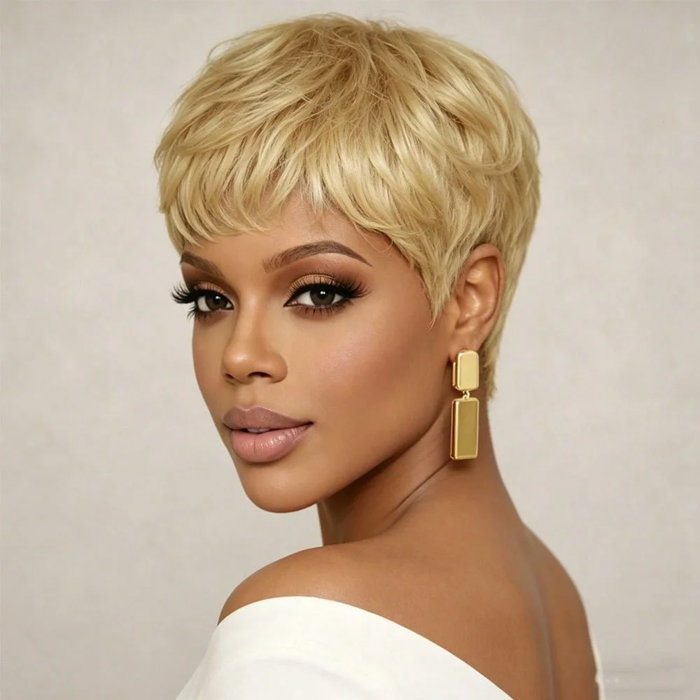 613 Blonde Layered Pixie Human Hair Wig, Short Bob with Bangs