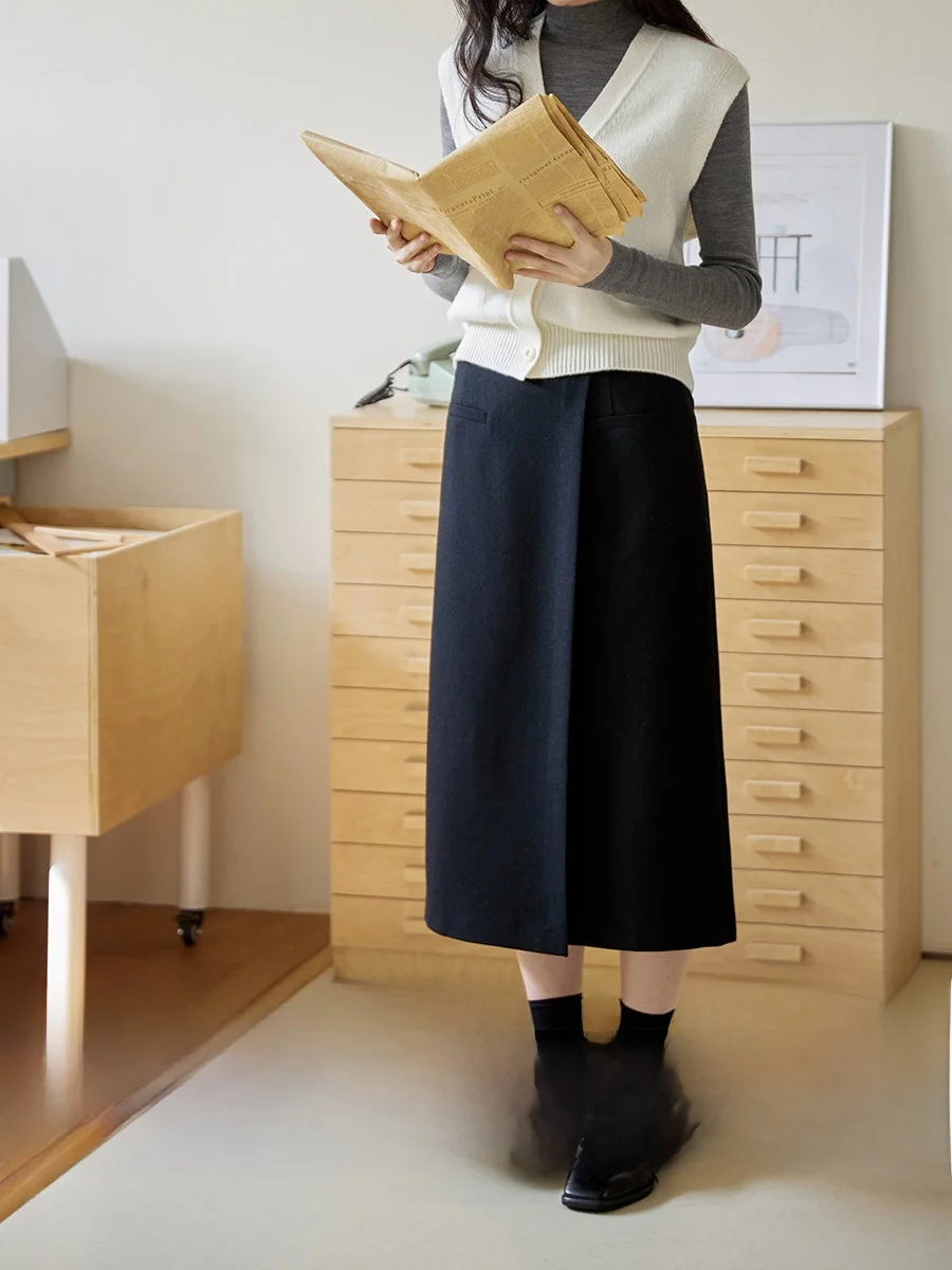 

Ginnkee Simple Elegance Commute Woolen Knit Split Design High Waist Straight Skirt Women's Autumn Winter f-length Skirt