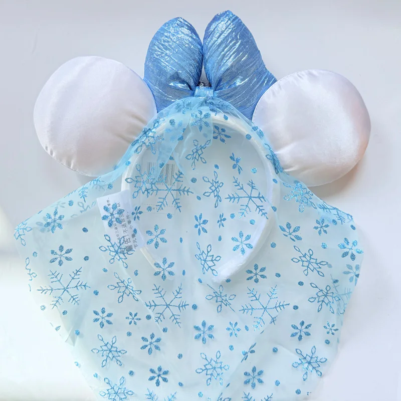Disney Frozen Elsa Minnie Ears Headband, Blue Bow with Snowflake Tulle Veil, Ideal for Disneyland Trips & Cosplay view 2