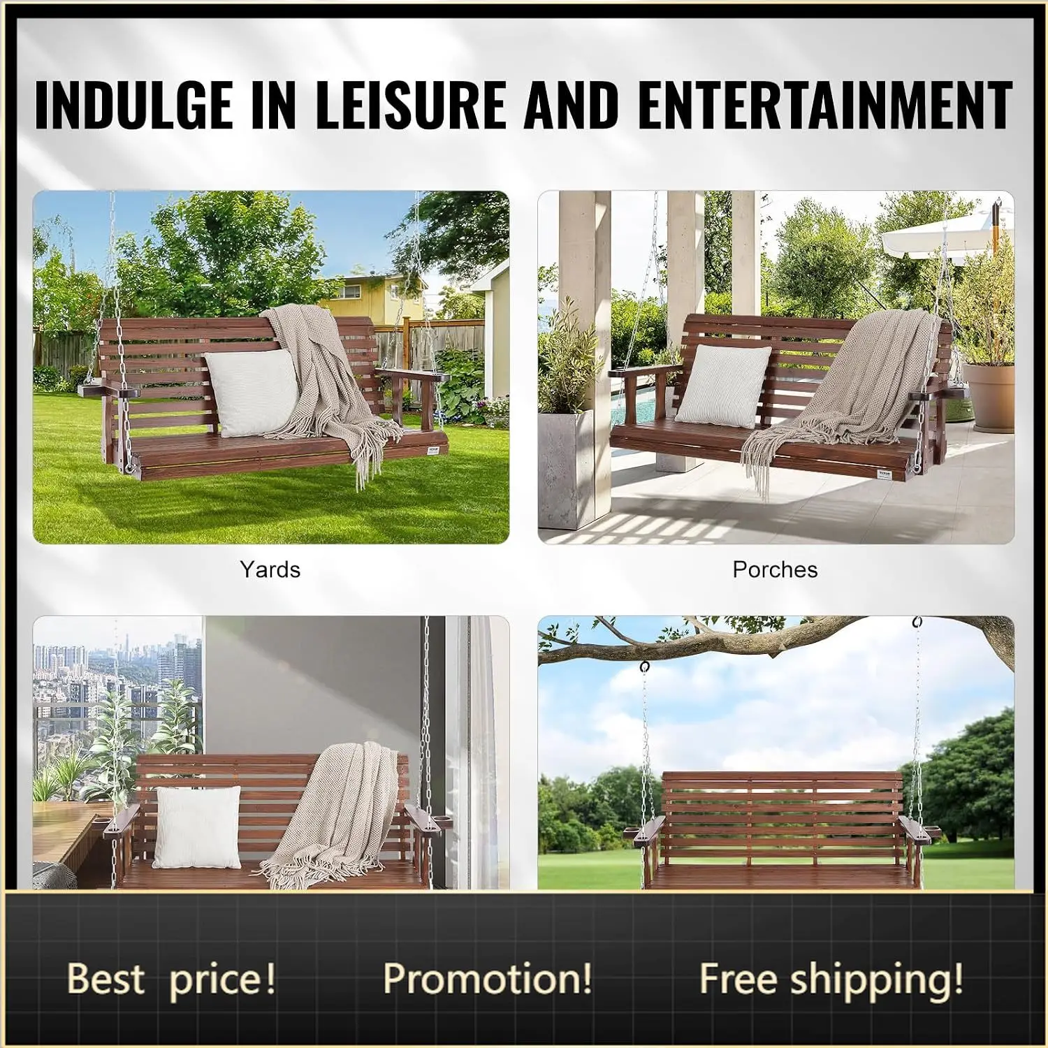 Wood Porch Swing 5.5FT, Patio Bench Swing for Courtyard & Garden, Upgraded 880 lbs Strong Load Capacity, Heavy Duty Swing Chair