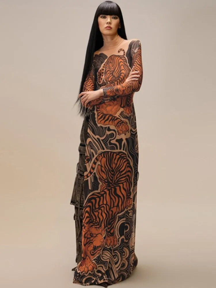 Robe longue Sexy pour femmes, coupe cintrée, Cover-Up en maille transparente, manches longues, imprimé Floral, robe Maxi de plage, fendue sur le côté, Cover-Up pour Bikini