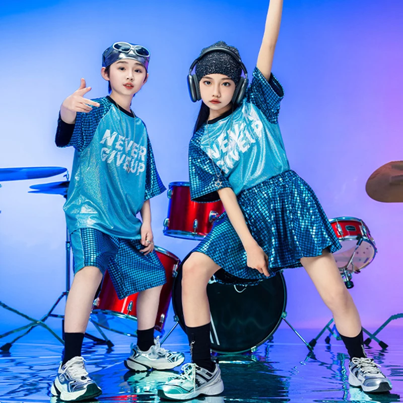 

Children Jazz Street Dance Clothes Hip Hop Oversize Top Shorts Drum Performance Outfit Team Stage Costume Blue Sportswear 1349