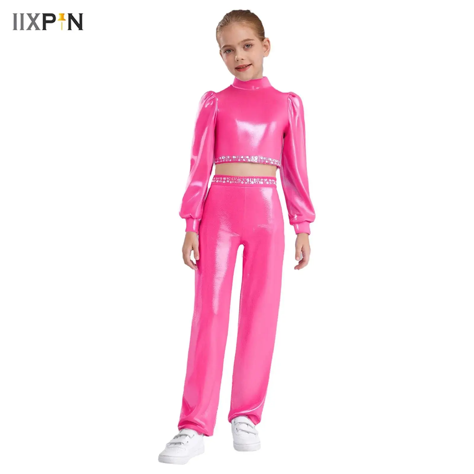 

Kids Girls Jazz Dance Performance Costume Sets Shiny Rhinestones Metallic Long Sleeves Zipper Back Crop Top+Pants Streetwear