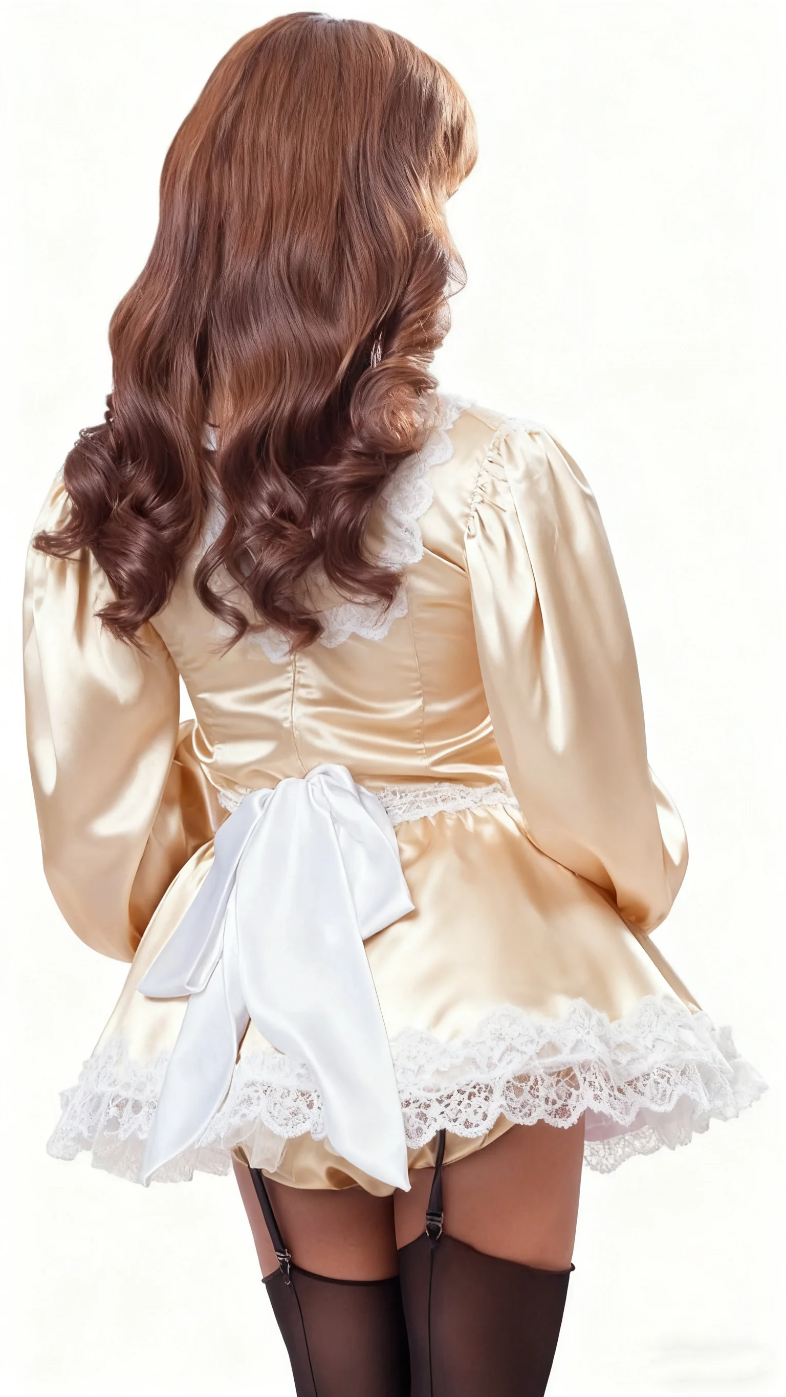 Sexy Sissy French Maid Champagne Satin Lockable Ruffle Dress Maid Cosplay Costume Customizable