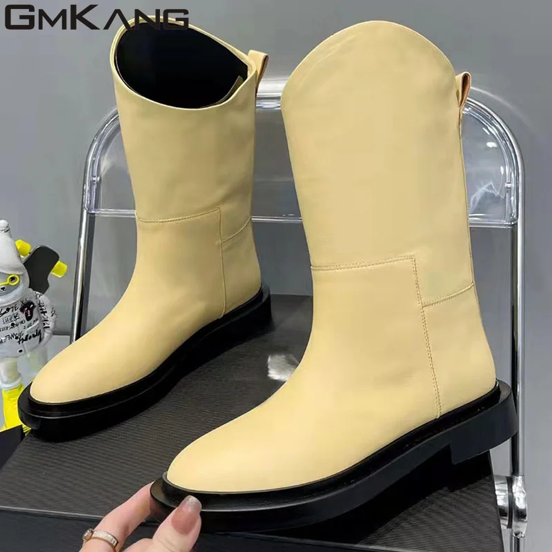 

Genuine Leather Short Boots Women Round Toe Slip-on Knight Boots Female High Quality Mid Calf Boots Flat Motorcycle Boots Woman