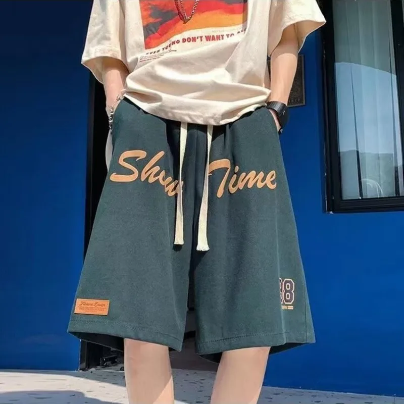 American Retro Summer 2024 Boyfriend Patchwork Elasticized Pocket Drawstring Letter Fashion Loose Comfortable Casual Shorts