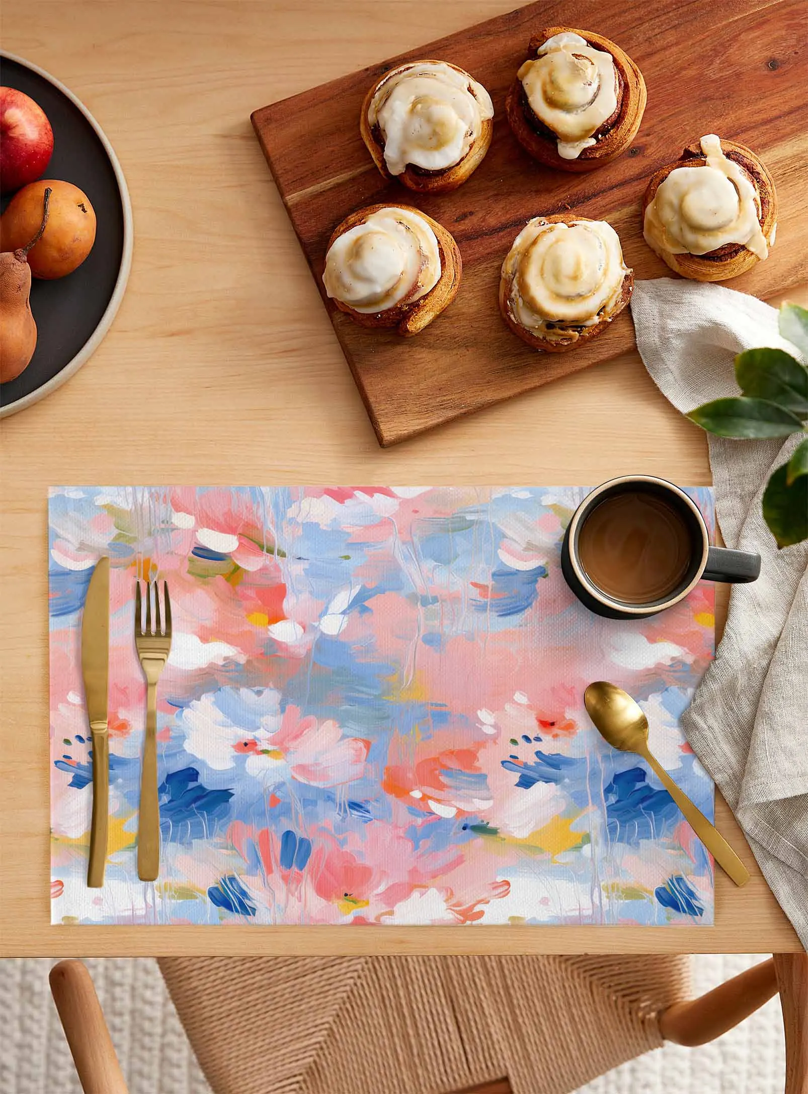 Abstract Flower Oil Painting Art Blue And Pink Coffee Dish Mat Kitchen Placemat Dining Table Rug Dinnerware 4/6pcs Pads