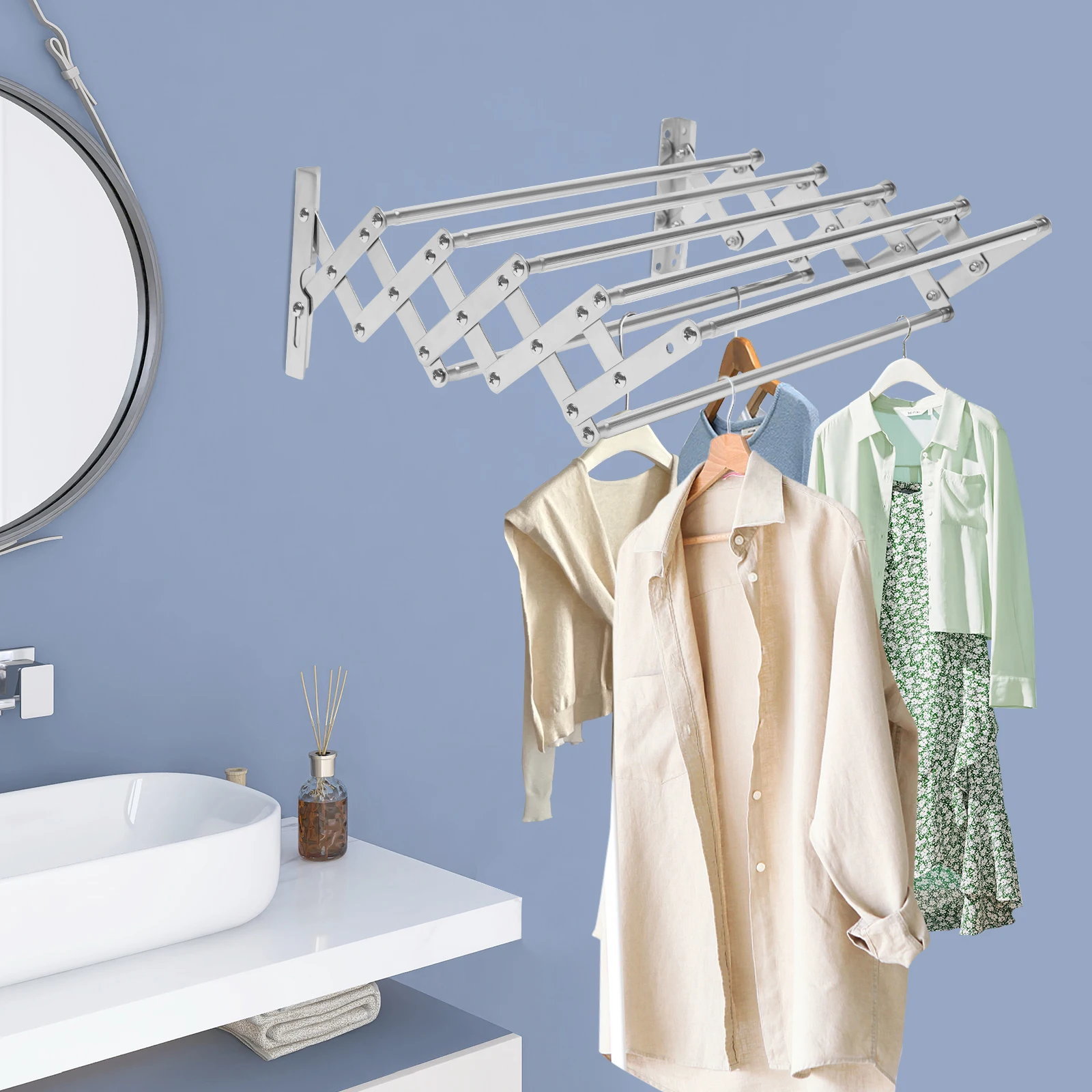 Wall Mounted Clothes Drying Rack Stainless Steel Retractable Laundry Drying Rack for Bedrooms, Stores, Balconies, Bathrooms