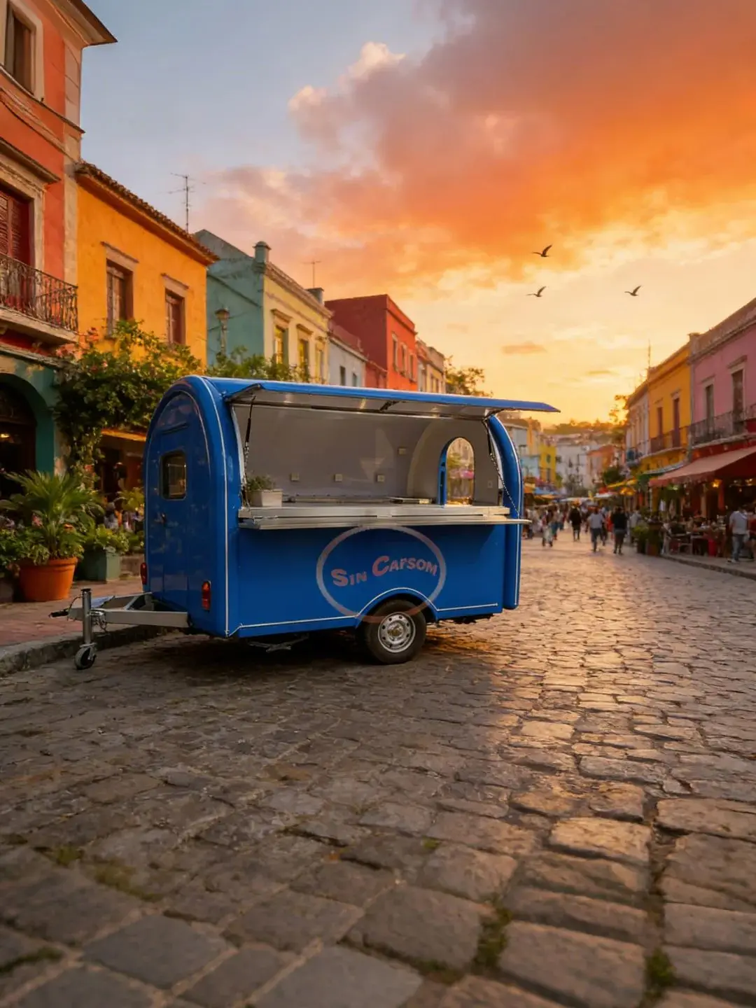 Outdoor Food Trailer Main Body Bright Blue Retractable Serving Window Easy Food Dispensing Portable Kitchen Stand