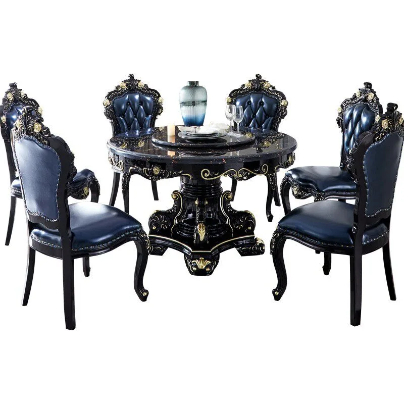 

Dining table and chair combination Solid wood carved round marble dining table High-end ebony dining table