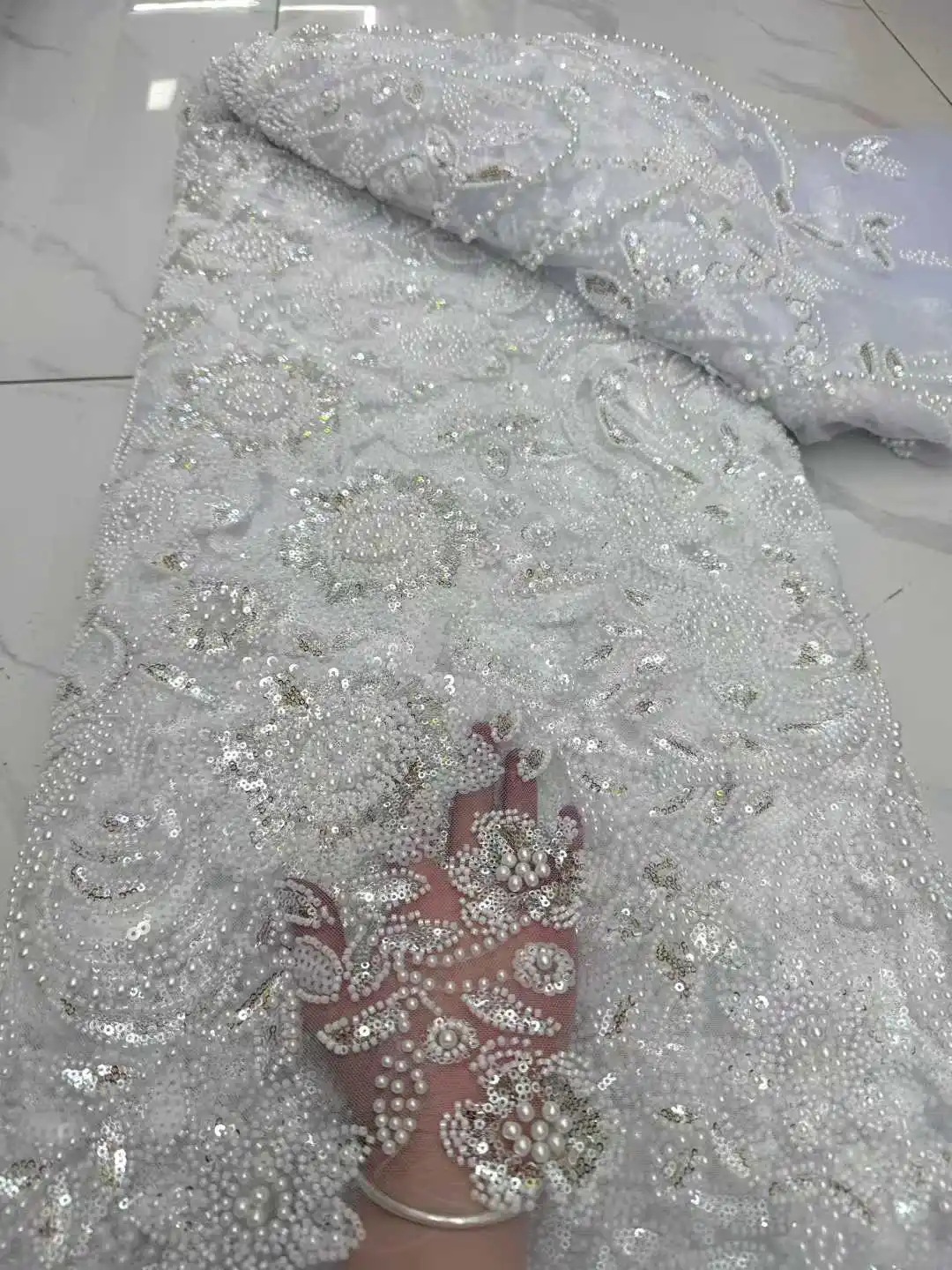 

Элитная французская тюлевая ткань с пайетками и вышивкой, высококачественная африканская тяжелая кружевная ткань с бисером для свадебных платьев, 5 ярдов, коллекция 2026 года