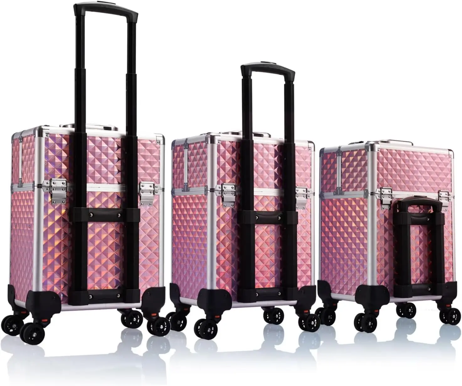 Rolling Makeup Train Case Large Storage Cosmetic Trolley 4 Tray with Sliding Rail Removable Middle Layer with Key Swivel Wheels