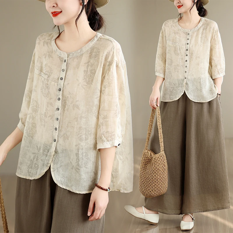 

High-End Women's Cotton Linen Shirt Single Button Summer New Style Commute Art Straight Tube Short Sleeve round Neck Open Car...