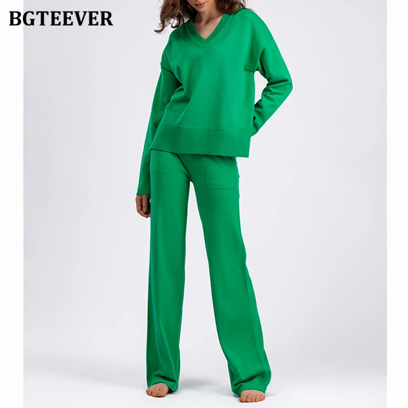 BGTEEVER Set maglione da donna allentato casual Pullover invernale con scollo a V a maniche lunghe e pantaloni dritti Pantaloni lavorati a maglia Abiti da donna