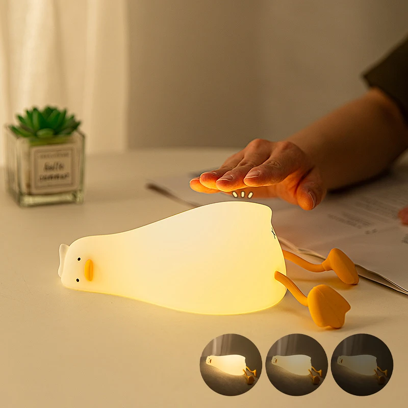 Lying Flat Duck Night Light Silicone Rechargeable LED Desk Lamp Bedside Pat Touch Dimmable Cute Night Lamp For Baby Room Decor