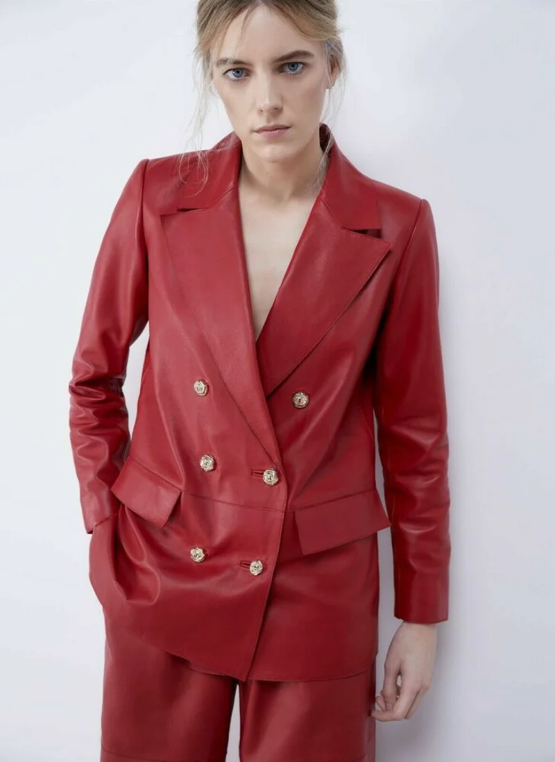 

Stylish Lambskin Leather Red Genuine Women Formal Suit Blazer Designer Slim Fit